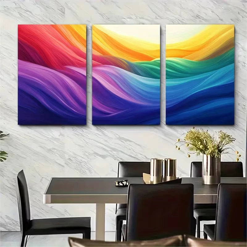 3pcs Vibrant Rainbow Abstract Landscape Metal Print Ready to Hang Art