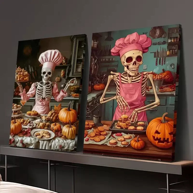 2pcs Food Art, Interesting Skeleton Art, Chefs Canvas Framed 50x75cm - High Quality Print 100% Australian Made Wall Canvas Ready to Hang