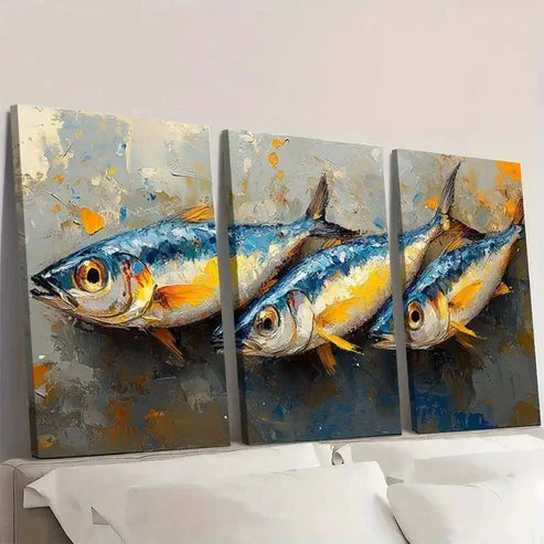 3pcs Vibrant Blue & Orange Fish Wall Art Set Canvas Unframed - High Quality Print 100% Australian Made Wall Canvas