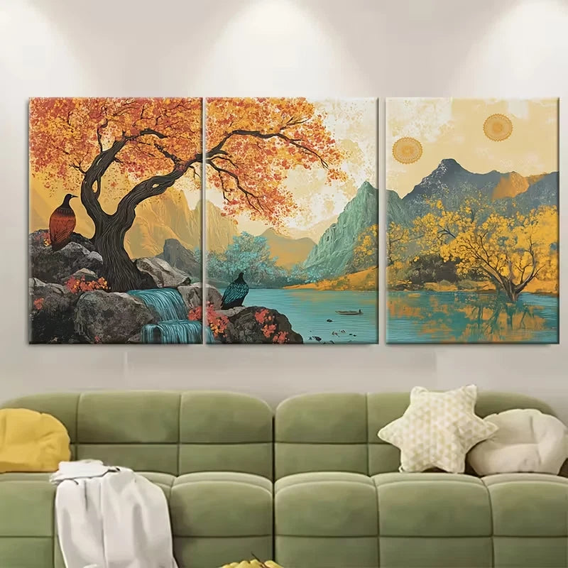 3pcs Autumn Scenery with Deer & Mountain View Metal Print Ready to Hang Art