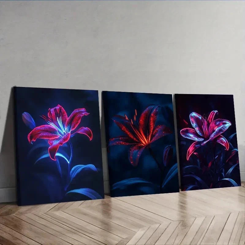 3pcs Featuring Neon Lily Flowers Wall Art Set Canvas Framed 40x60cm - High Quality Print 100% Australian Made Wall Canvas Ready to Hang
