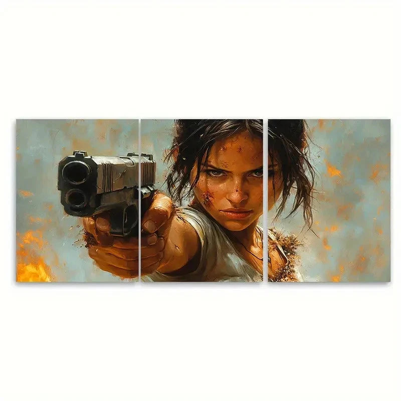 3pcs Strong Woman Fighter with Gun Destroyed Wall Art Set Canvas Framed 60x90cm - High Quality Print 100% Australian Made Wall Canvas Ready to Hang