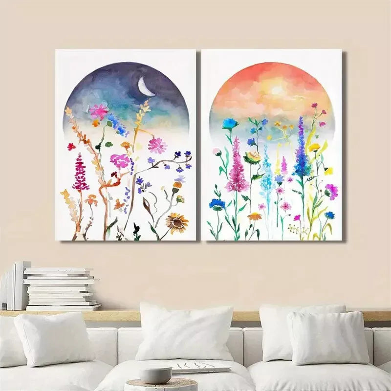 2pcs Boho Color Art, Celestial Watercolor Wildflower Art Canvas Framed 50x75cm - High Quality Print 100% Australian Made Wall Canvas Ready to Hang