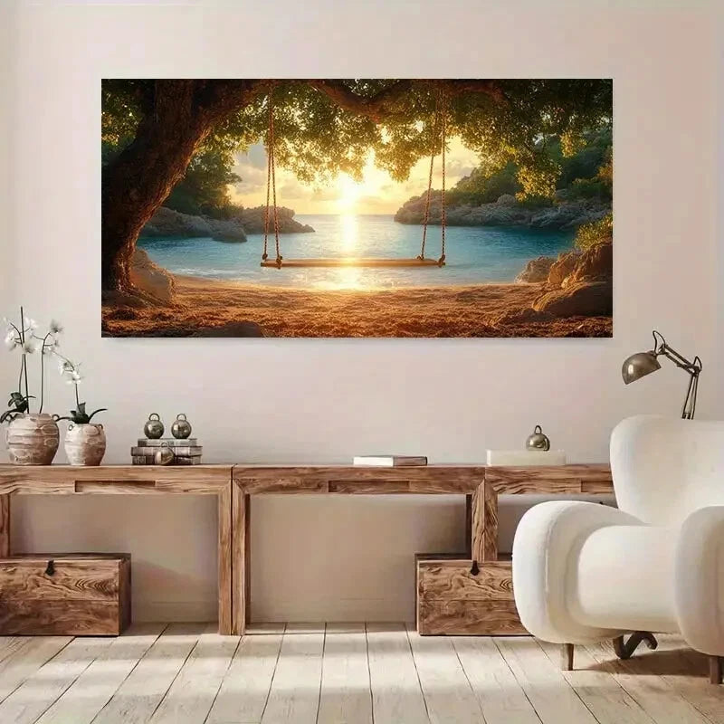 Beach Swing Gold Sunset wall canvas office home room framed 120x60cm - Bella Home Decor