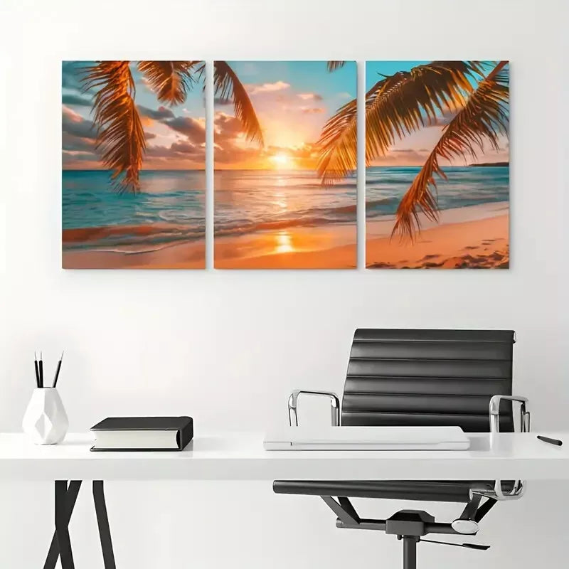 3pcsBeach Sunrise Wall Art Set Canvas Framed 50x70cm - High Quality Print 100% Australian Made Wall Canvas Ready to Hang - Bella Home Decor