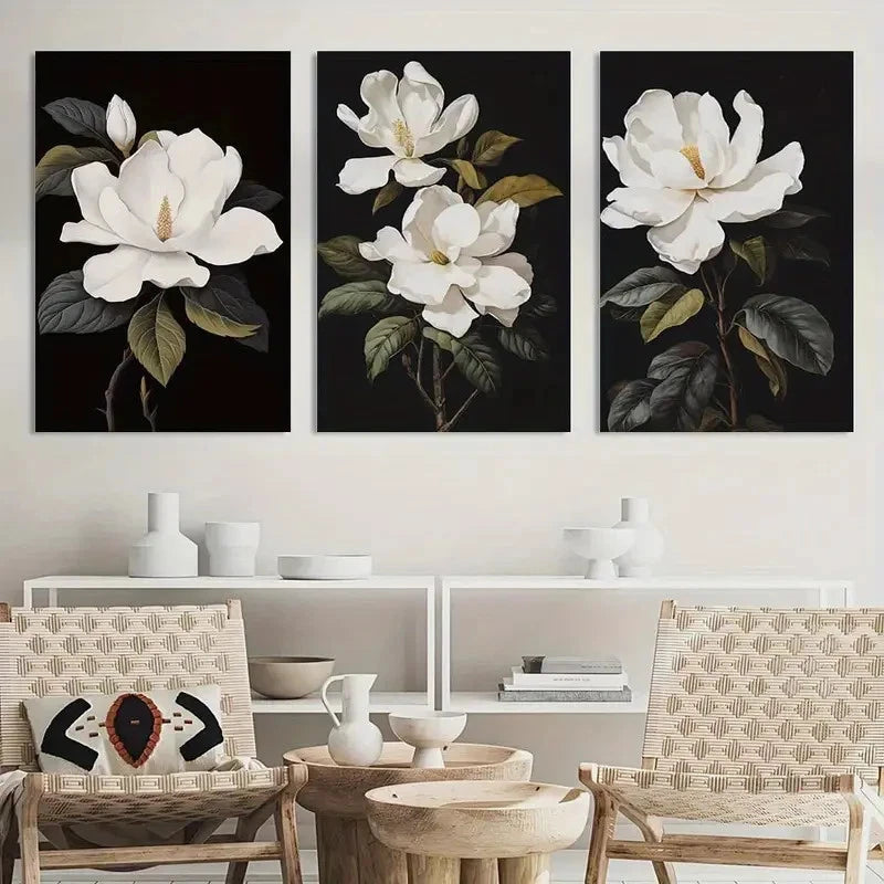 3pcs Magnolia Flower Black and White Floral Metal Print Ready to Hang Art