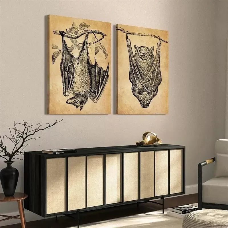 2pcs Antique Art, Gothic, Retro Bat Canvas Framed 50x75cm - High Quality Print 100% Australian Made Wall Canvas Ready to Hang - Bella Home Decor