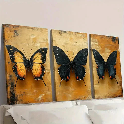 3pcs GoldenYellow Background Black ButterflyN Wall Art Set Canvas Unframed - High Quality Print 100% Australian Made Wall Canvas