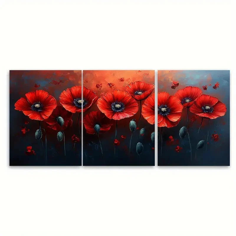 3pcs Red Poppies Floral Illustration Wall Art Set Canvas Framed 40x60cm - High Quality Print 100% Australian Made Wall Canvas Ready to Hang