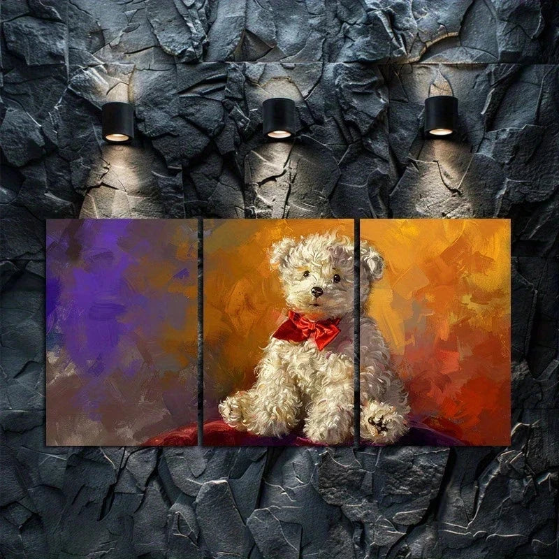 3pcs Adorable White Teddy Bear in a Red Bow Metal Print Ready to Hang Art