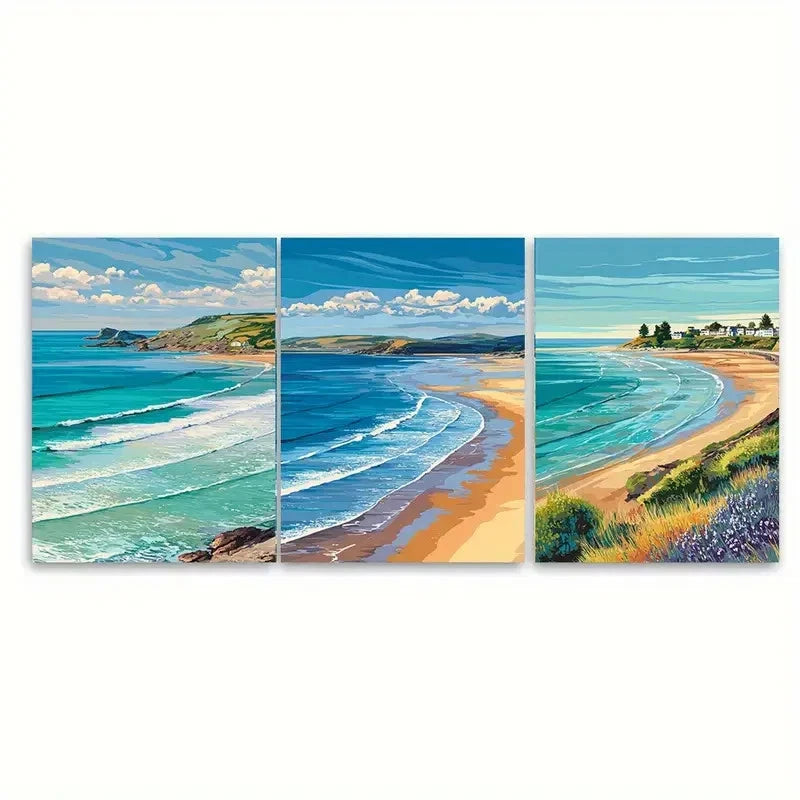 3pcs Woolacombe Travel Beach Illustration Wall Art Set Canvas Framed 50x70cm - High Quality Print 100% Australian Made Wall Canvas Ready to Hang