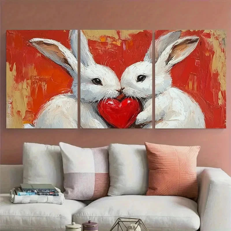 3pcs White Bunny with Heart Pet Portrait Wall Art Set Canvas Framed 40x60cm - High Quality Print 100% Australian Made Wall Canvas Ready to Hang