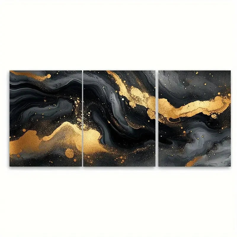 3pcs Elegant Fluid Ink Marbling Black and Golden Wall Art Set Canvas Framed 60x90cm - High Quality Print 100% Australian Made Wall Canvas Ready to Hang