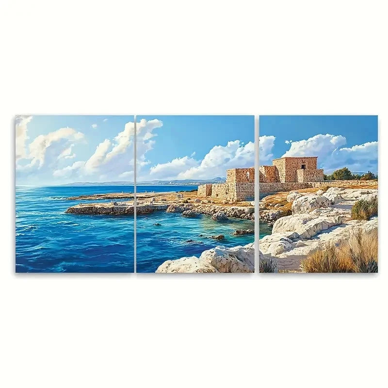 3pcs Paphos Travel Tombs of the Kings Design Wall Art Set Canvas Framed 40x60cm - High Quality Print 100% Australian Made Wall Canvas Ready to Hang