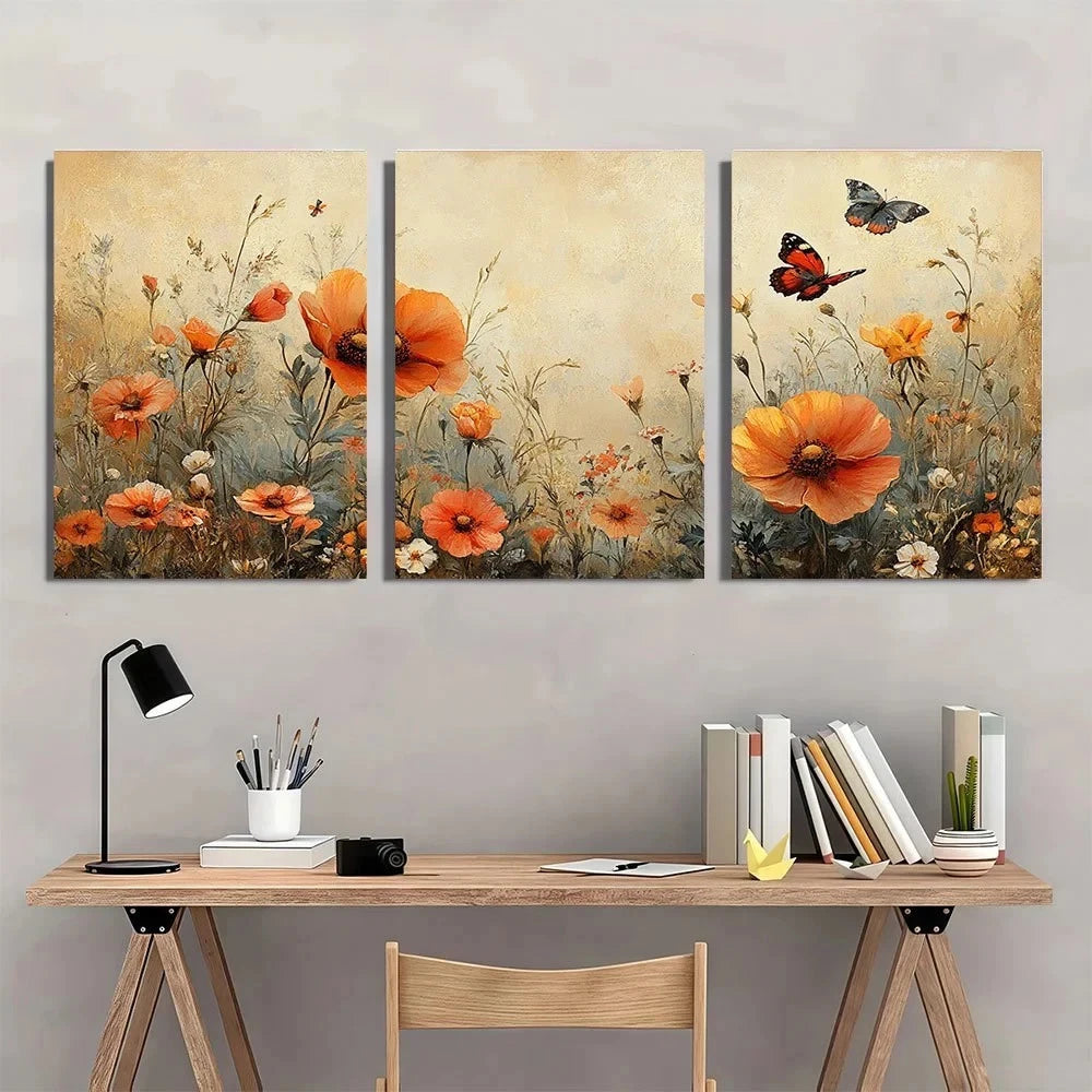3pcs Vintage Butterflies in the Field Wall Art Set Canvas Framed 60x90cm - High Quality Print 100% Australian Made Wall Canvas Ready to Hang