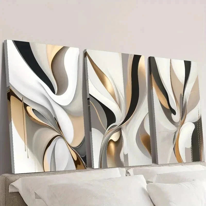 3pcs Gold and White Luxury Line Painting Wall Art Set Canvas Framed 40x60cm - High Quality Print 100% Australian Made Wall Canvas Ready to Hang