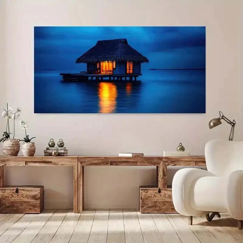 Lake Bungalow Glow Sunset wall canvas office home room framed 120x60cm - Bella Home Decor