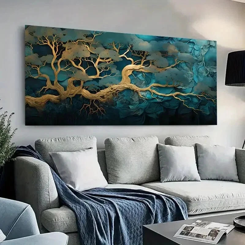 Green and Golden Abstract wall canvas office home room framed 120x60cm - Bella Home Decor