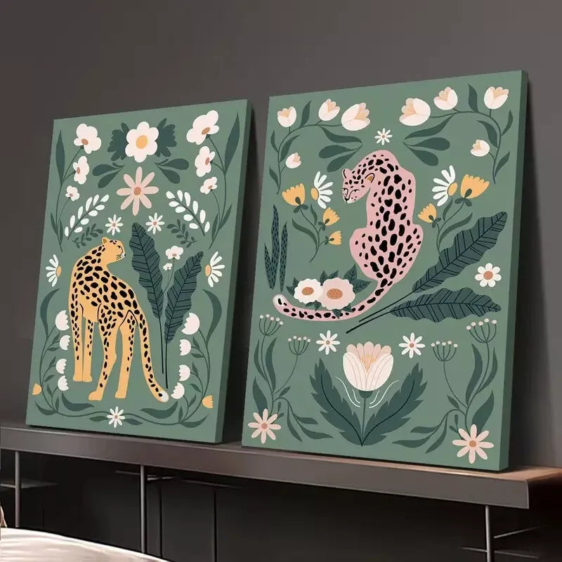 2pcs Decorative Painting, Cheetah, Feline, Floral Botanical Canvas Framed 50x75cm - High Quality Print 100% Australian Made Wall Canvas Ready to Hang
