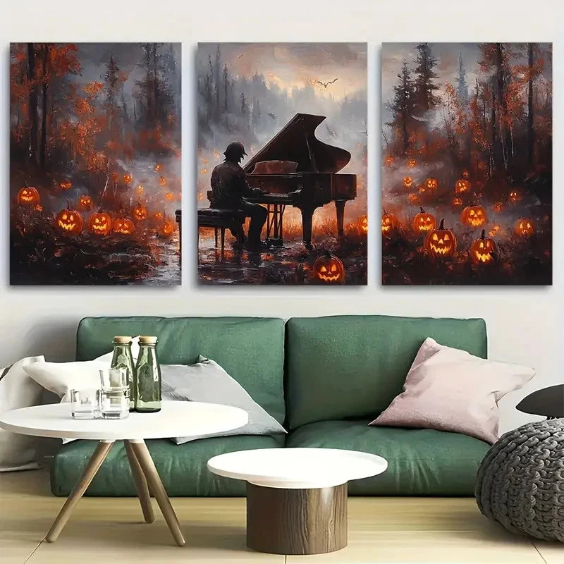 3pcs Set of three Spooky Ghoul Playing Piano Wall Art Set Canvas Framed 40x60cm - High Quality Print 100% Australian Made Wall Canvas Ready to Hang