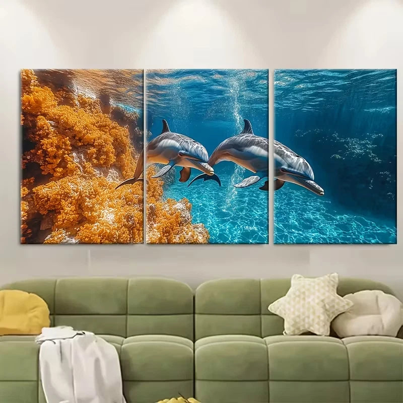 3pcs Playful Dolphins Jumping Metal Print Ready to Hang Art