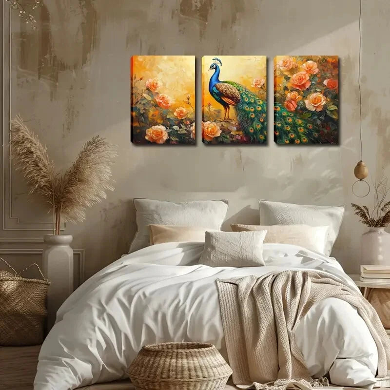 3pcs Vibrant Peacock & Rose Décor Perfect Wall Art Set Canvas Framed 40x60cm - High Quality Print 100% Australian Made Wall Canvas Ready to Hang