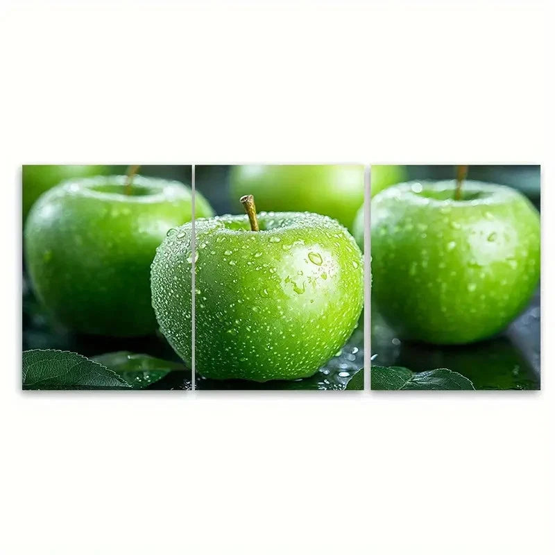 3pcs Green Apple Fruits Still Life Illustration Wall Art Set Canvas Framed 50x70cm - High Quality Print 100% Australian Made Wall Canvas Ready to Hang