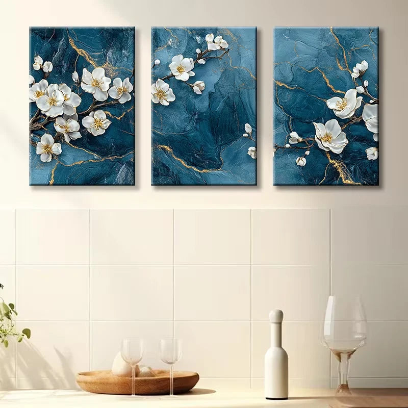 3pcs Blue Cherry Blossom Floral Design Wall Art Set Canvas Framed 60x90cm - High Quality Print 100% Australian Made Wall Canvas Ready to Hang