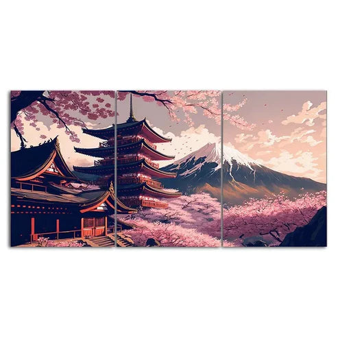 3 Piece Beautiful Mount Fuji Japanese Temple Canvas Framed 60x90 cm - High Quality Print 100% Australian Made Wall Canvas Ready to Hang