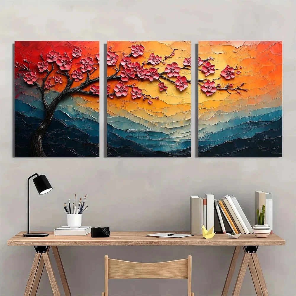 3pcs Textured Cherry Blossom Sunset Wall Art Set Canvas Framed 40x60cm - High Quality Print 100% Australian Made Wall Canvas Ready to Hang