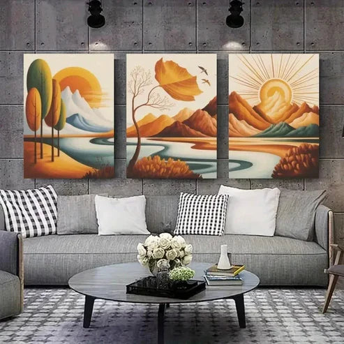 3pcs Abstract Trees Sun Decorations Paint Wall Art Canvas Unframed - High Quality Print 100% Australian Made Wall Canvas