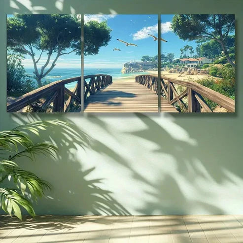 3pcs Beach Scene with Wooden Bridge Palm Trees Wall Art Set Canvas Unframed - High Quality Print 100% Australian Made Wall Canvas