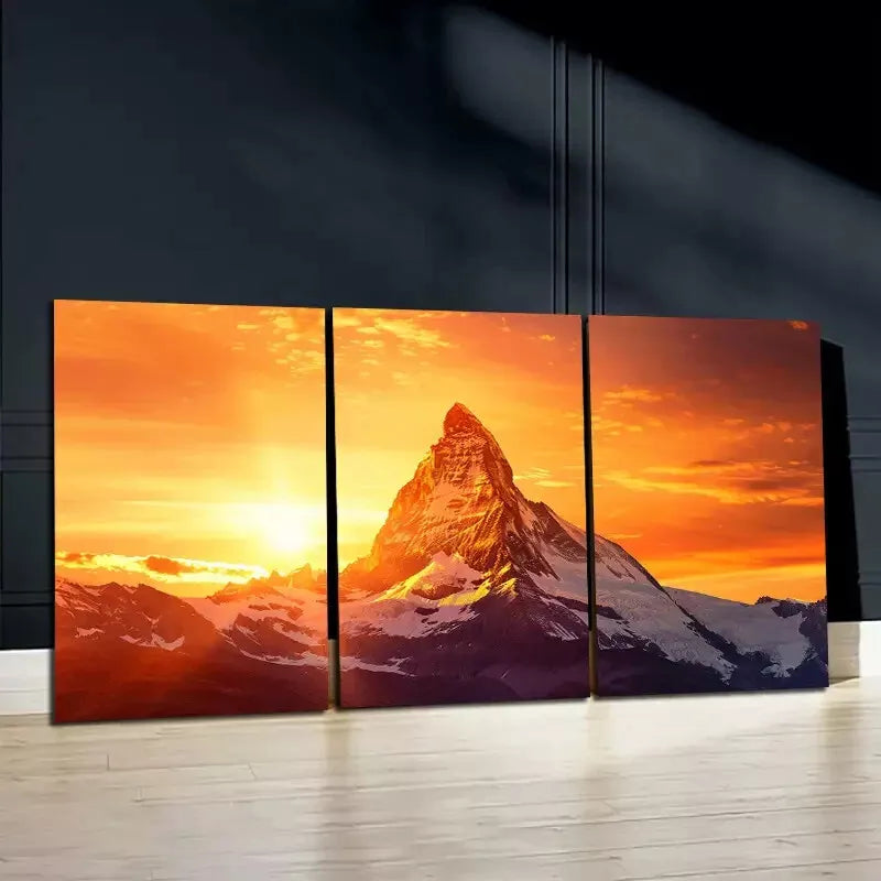 3pcs Snowy Mountain Under The Rising Sun Wall Art Set Canvas Framed 50x70cm - High Quality Print 100% Australian Made Wall Canvas Ready to Hang
