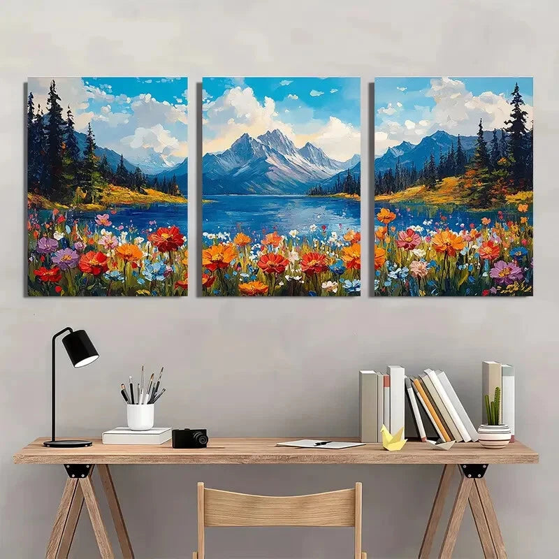 3pcs Vibrant Spring Mountain Art Painting Metal Print Ready to Hang Art