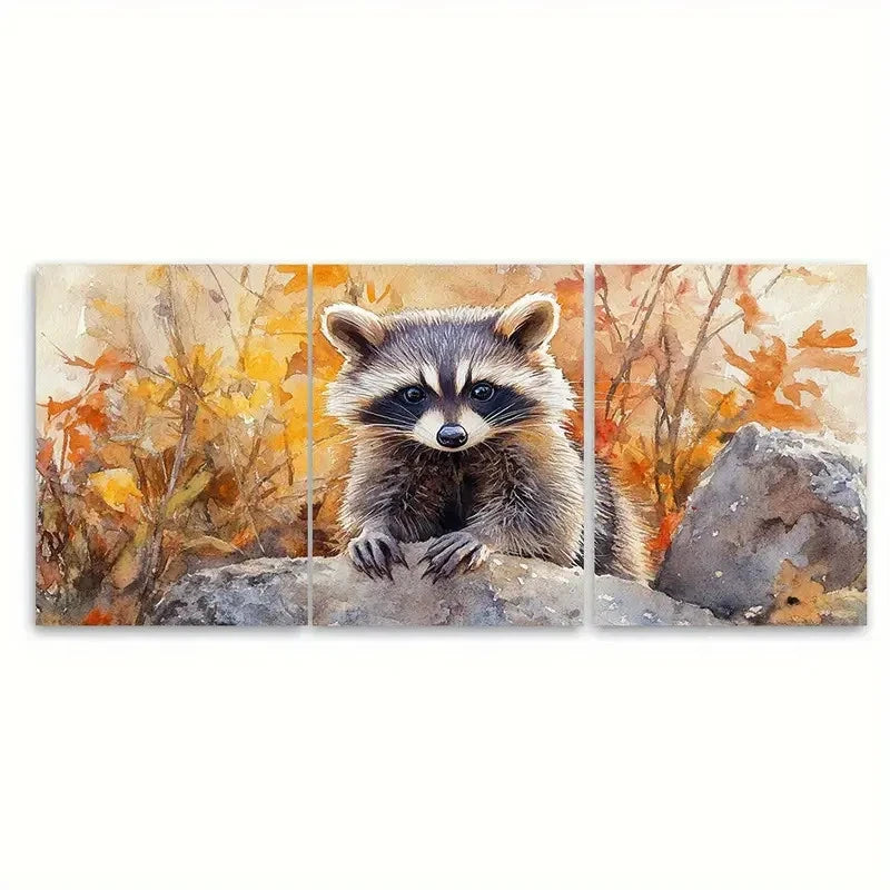 3pcs Raccoon Watercolour Animal Illustration Wall Art Set Canvas Framed 60x90cm - High Quality Print 100% Australian Made Wall Canvas Ready to Hang