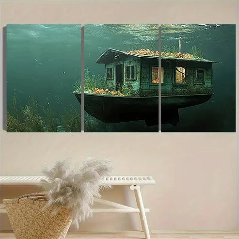 3pcs Submerged Boat with Flowers Wall Art Set Canvas Unframed - High Quality Print 100% Australian Made Wall Canvas - Bella Home Decor