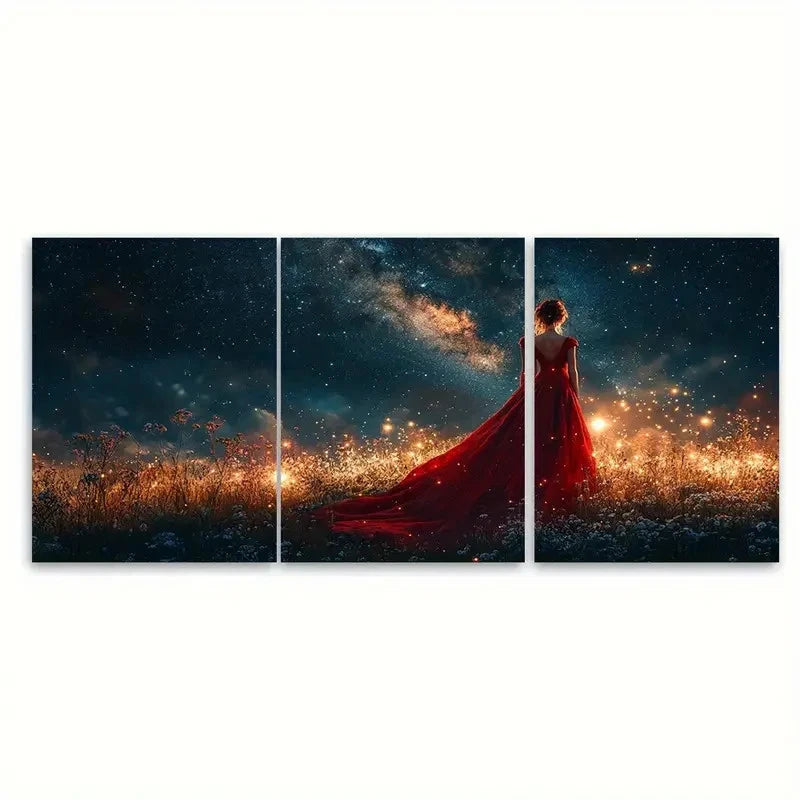 3pcs Red Gown Woman Gazing at Illuminated Night Wall Art Set Canvas Framed 50x70cm - High Quality Print 100% Australian Made Wall Canvas Ready to Hang