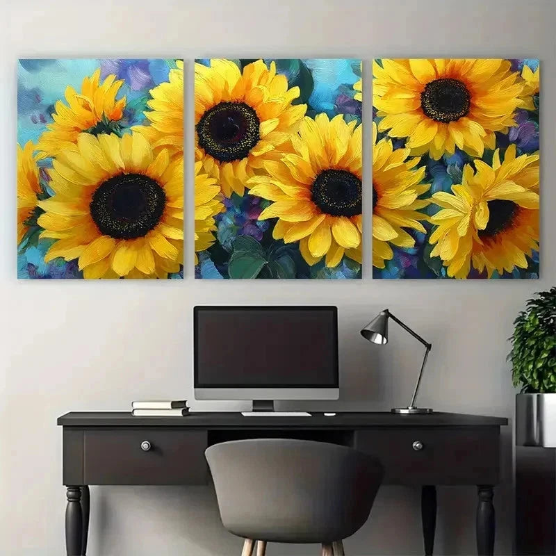3pcs Vibrant Yellow Sunflowers Blue Perfect Wall Art Canvas Framed 60x90cm