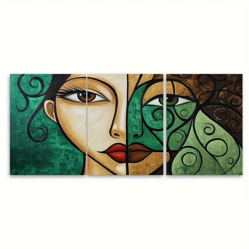 3pcs Brown And Green Woman Painting Woman Face Wall Art Set Canvas Framed 50x70cm - High Quality Print 100% Australian Made Wall Canvas Ready to Hang