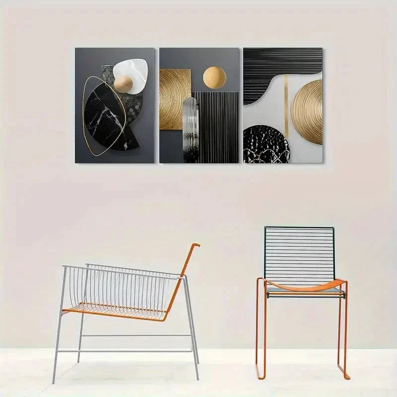 3pcs Modern Abstract Geometric Black & Golden Wall Art Set Canvas Fram