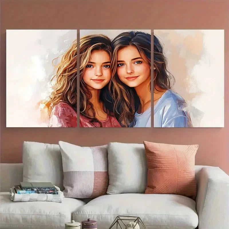 3pcs Mom Daughter Family Portrait Illustration Wall Art Set Canvas Framed 40x60cm - High Quality Print 100% Australian Made Wall Canvas Ready to Hang