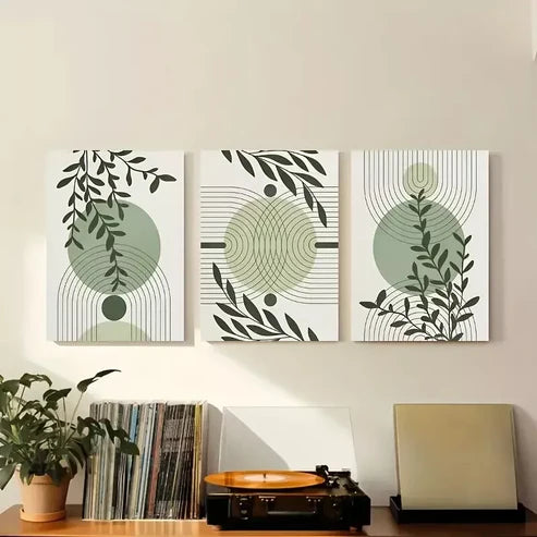 3pcs Abstract Geometric Prints in Green & Grey Canvas Framed 60x90cm - High Quality Print 100% Australian Made Wall Canvas Ready to Hang