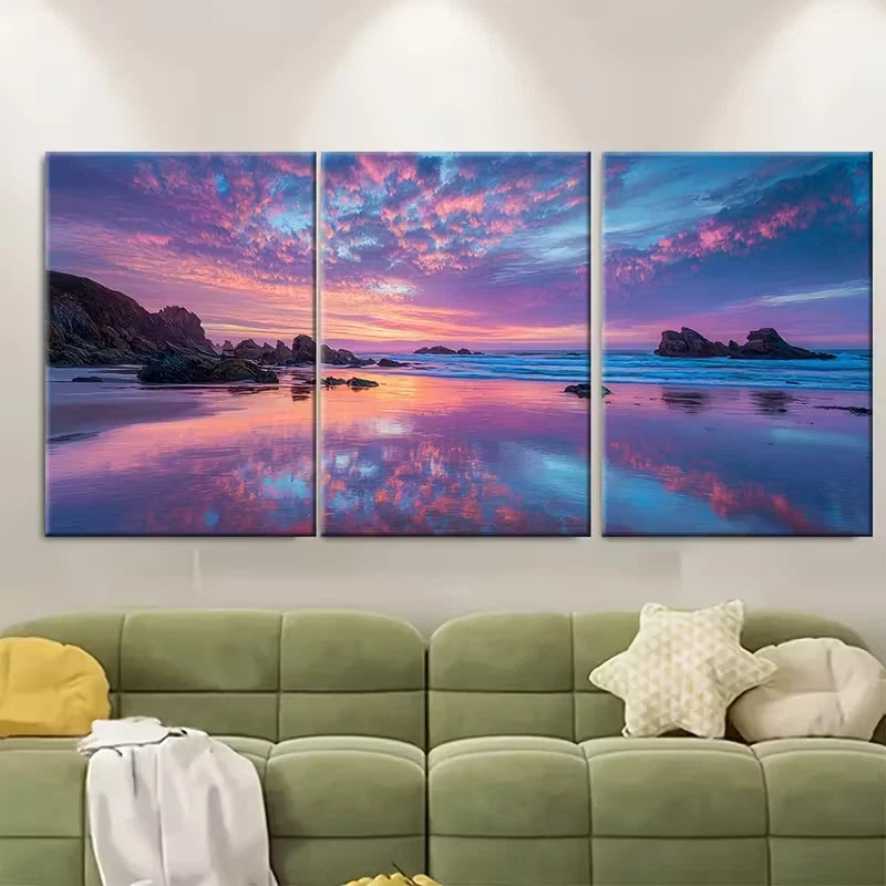 3pcs Sea Sunset Cloud Reflection Landscape, Metal Print Ready to Hang Art