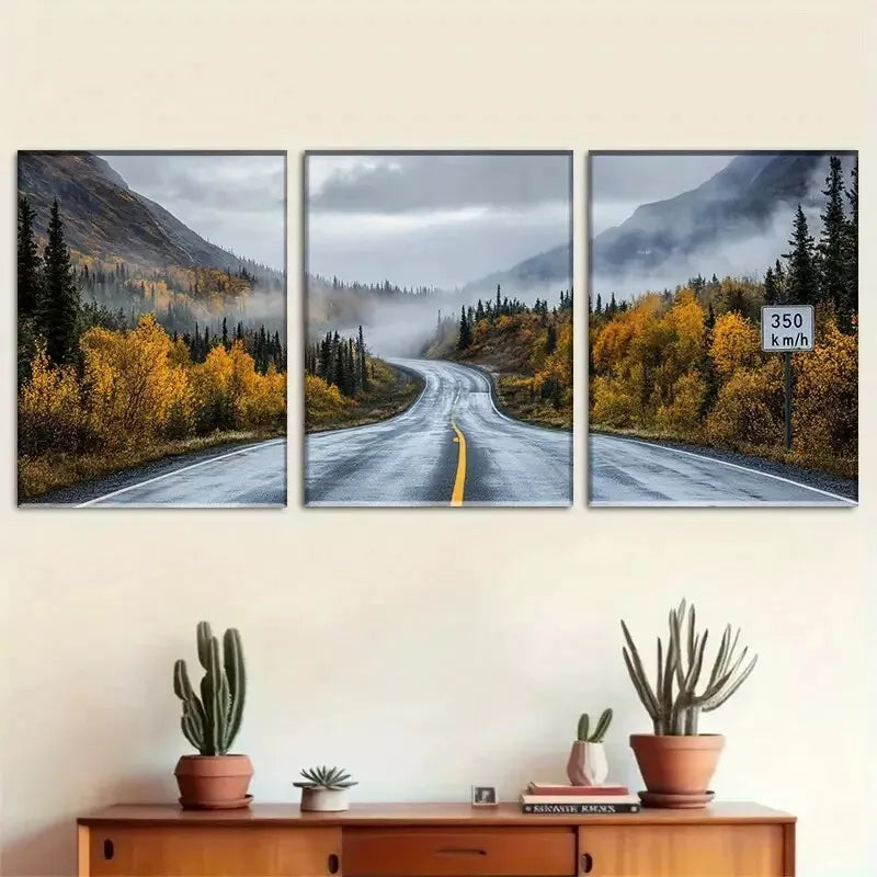3pcs Autumn Mountain Road Triptych Wall Art Set Canvas Framed 40x60cm - High Quality Print 100% Australian Made Wall Canvas Ready to Hang
