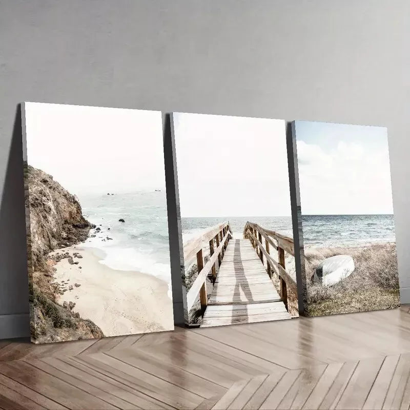 3pcs Coastal Mural Wall Art Set Canvas Framed 50x70cm - High Quality Print 100% Australian Made Wall Canvas Ready to Hang - Bella Home Decor