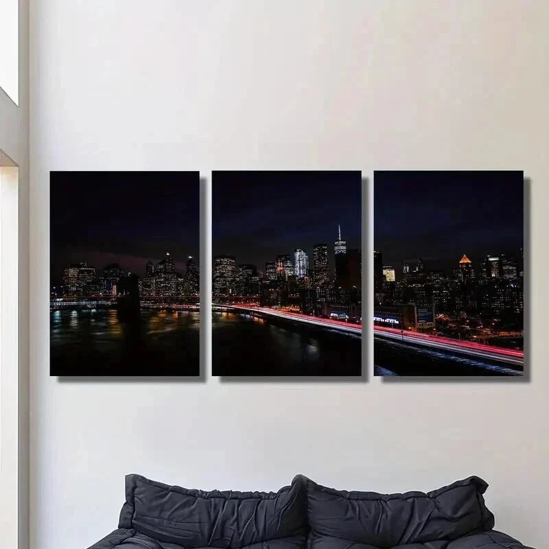 3pcs New York City Night Skyline Decor Wall Art Set Canvas Framed 40x60cm - High Quality Print 100% Australian Made Wall Canvas Ready to Hang
