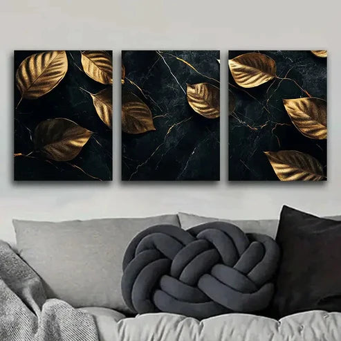 3pcs Black and Gold Plants Nature Leaf Perfect Wall Art Set Canvas Unframed - High Quality Print 100% Australian Made Wall Canvas
