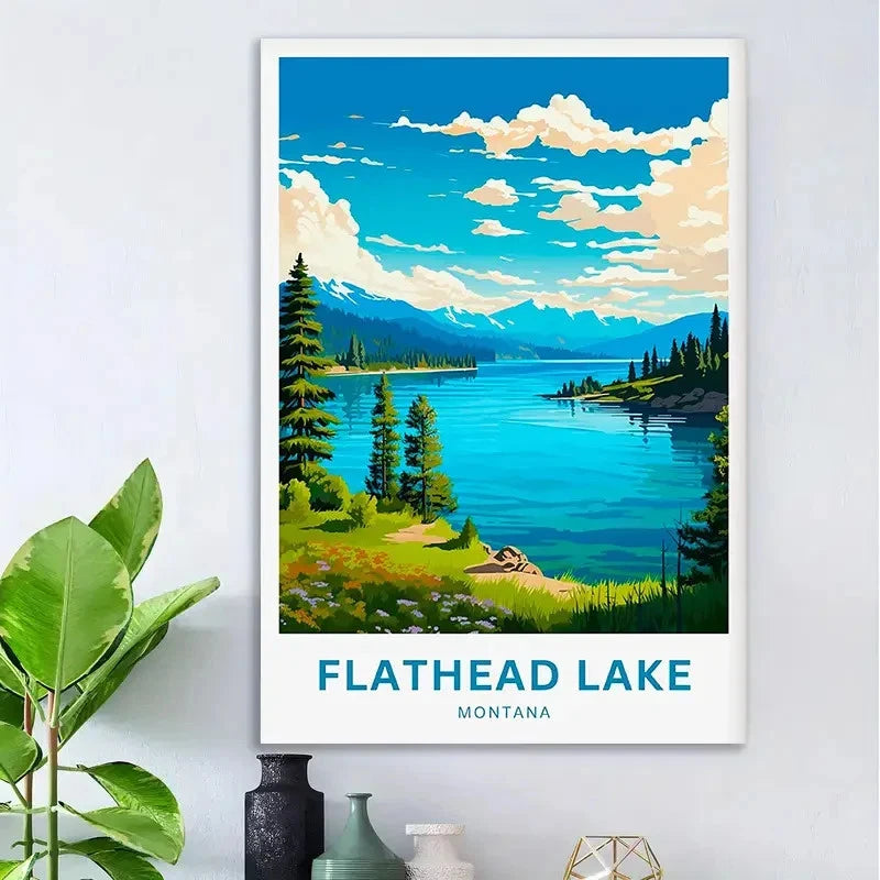 Flathead Lake Montana Vintage Lush Green Travel Poster Print Wall Art