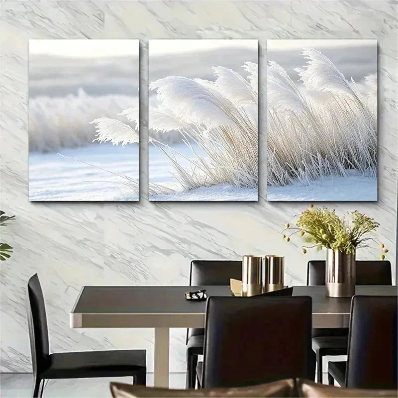 3pcs Grass Winter Scene Nature Photography S Wall Art Set Canvas Framed 50x70cm - High Quality Print 100% Australian Made Wall Canvas Ready to Hang
