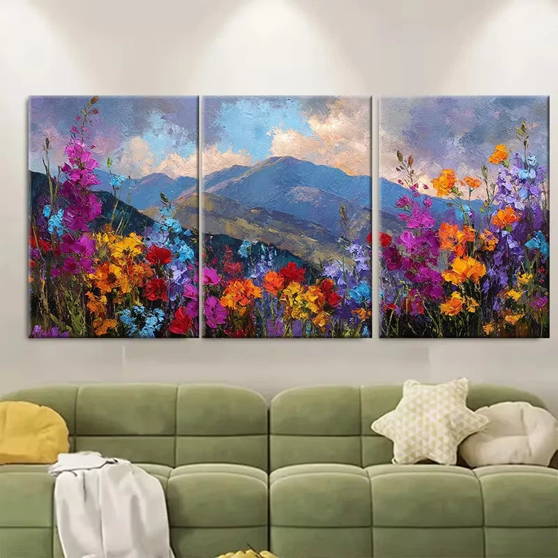 3pcs Colorful Wildflowers Mountain Sunset Metal Print Ready to Hang Art